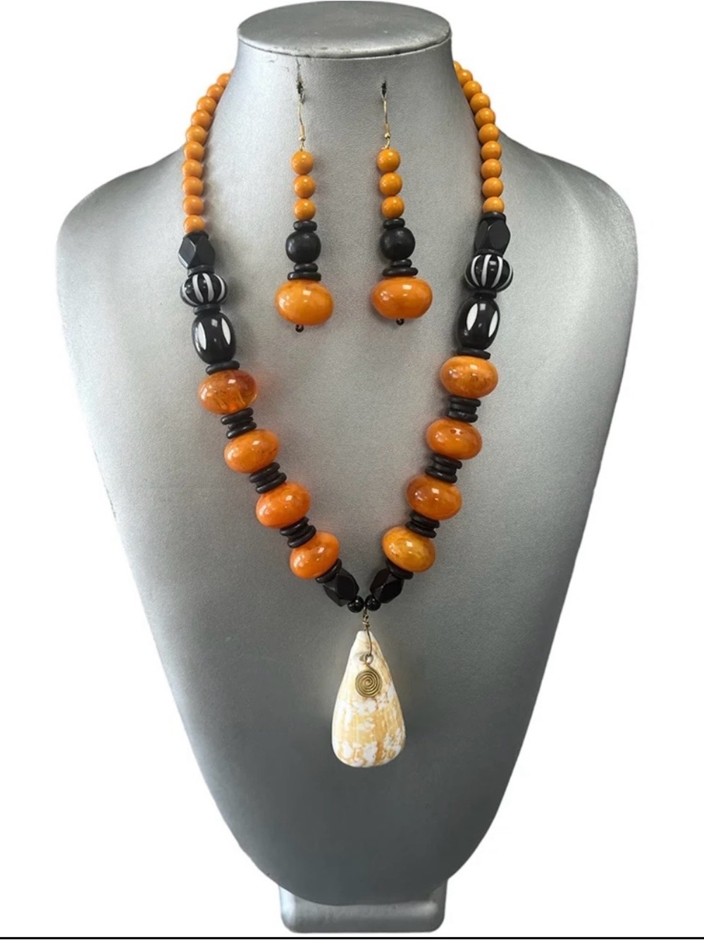 Handcrafted Orange and Black Beaded Necklace with Shell Pendant